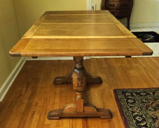 Antique Drop Leaf Quarter Sawn White Oak Dining Table With Breadboard Edge & Beautiful Carved Trestle Base