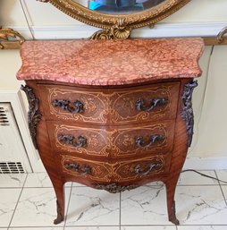 Antique French Louis XV Style Walnut And Floral Marquetry Bombe Chest With Stunning Marble Top & Ormolu Mounts