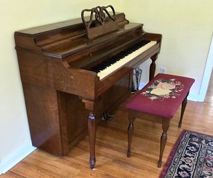 Antique Shoninger Flame Mahogany Upright Spinet Piano And A Needlepoint Upholstered Bench