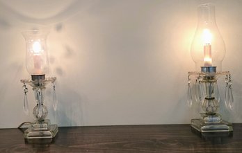 Two Vintage Pressed Glass Hurricane Candle Lamps With Dangling Crystal Prisms