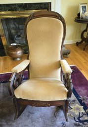 Beautifully Preserved Antique Carved Mahogany Rocking Chair With Creamy Gold Velour New Upholstery!