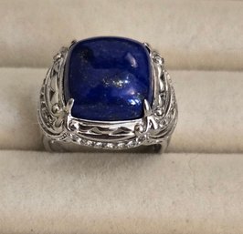 Fabulous 925 Sterling Filigree Cocktail Ring With Lapis Cabochon Stone  And Modest CZ Sparkle - Size 8.5