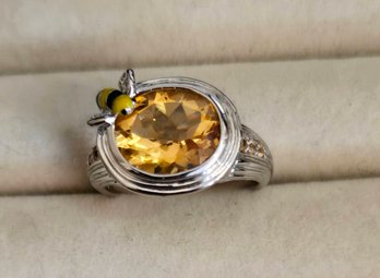 925 Sterling Bezel Ring With Faceted Citrine? Semi Precious Stone And Tiny Enamel Honey Bee Accent