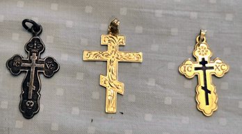 Two 14Kt Gold Crosses And One Burnt Silver Christian Orthodox Russian Cross Pendants - Total Of 3