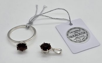 Swarovski Crystal Smoked Topaz Ring & Pendant In Sterling