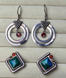 Art Deco 925 Sterling Geometric Earrings With Garnet And Natural Chrysocolla