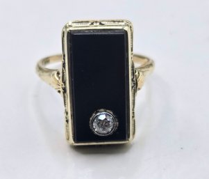 Art Deco 14K Embossed Gold And Black Onyx Ring With A Bezel Set Diamond Accent - Size 8