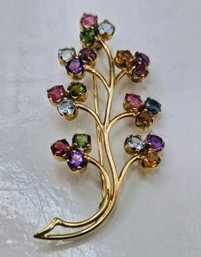 Stunning Multi-jeweled Gemstones In 18kt Gold Tree Shaped Pin 4.3 Grams