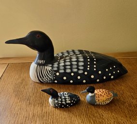 Beautiful Artisan Carved Loon Decoy And 2 Sweet Miniatures - One Is A Pencil Sharpener!