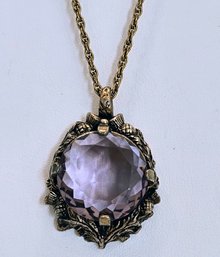 Victorian Antique Amethyst Or Glass Pendant  On Gold Chain