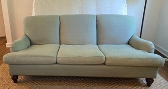 JONAS NY Sea Foam Green Silk Blend Upholstered Roll Arm Sofa With Nailhead Accents