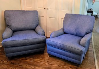 Pair Of Reupholstered Blue Cotton Denim Covered Easy Chairs