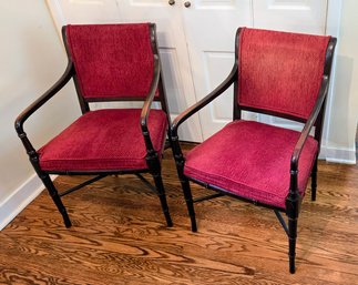 Pair Of Regency Style 1970's Armchairs With Textured Red Chenille Upholstery And Faux Bamboo Wood Trim