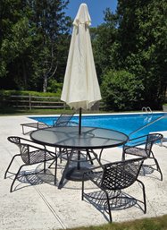 Beautiful White Umbrella With Stand Plus Tempered  Glass Top Patio Dining Table & 4 Brown Jourdan Chairs,