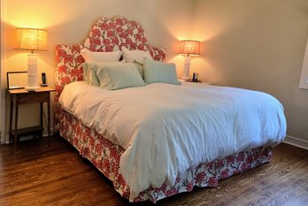 King Size Raoul Textiles/Kala Custom Upholstered Japanese Floral Print Headboard & Bed Skirt