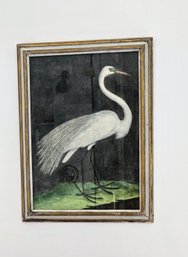 Vintage Inspired Chinese White Crane Folk Art Style Painting With Rustic Wooden Frame