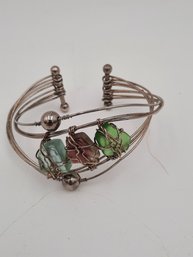 Vintage Artisan Made Silver Wire Bracelet With Raw Sea Glass