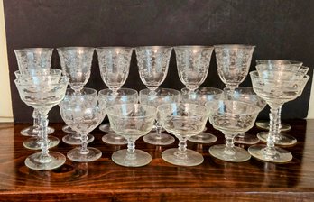 A Beautiful Lot Of Vintage French Crystal Etched Stemware - Wine, Champagne, Aperitif & Cordials