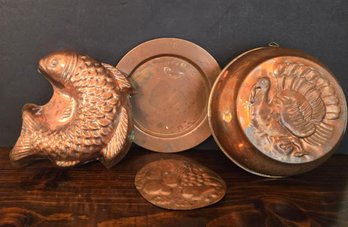 Fantastic Vintage Copper Baking Molds (Turkey & Fish) With 1 Embossed Press Plate And 1 Tavern Dinner Plate