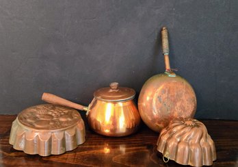 Antique Copper Baking Molds & Cookware Including Small Pot And Pan