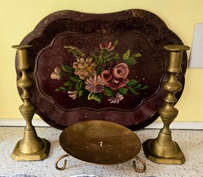 Antique Decor - Turned Brass Candlesticks, Footed Pillar Candle Dish, Tole Tray