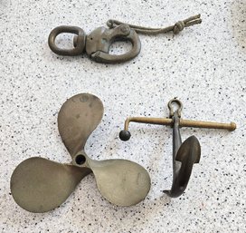 Vintage Cast Iron & Brass Nautical Decor Items - 3-blade Bronze Propeller, Small Anchor And Hook Rig / Pully