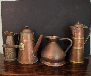 Assorted Primitive Tavern Antique Copper Pitchers & Tea/coffee Pots