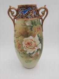 Large Antique Japanese Nippon Porcelain Handled Vase