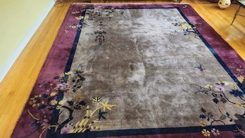 Antique Taupe Knotted Wool Area Rug With Contrasting Red Border And Sprigs Of Floral Accents