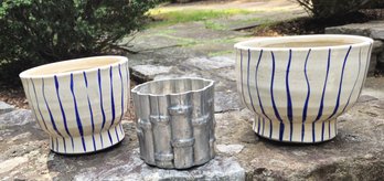 Lovely Set Of 3 Vintage Planter Pots - 2 Ceramic White/blue Stripe - 1 Silver Bamboo Texture