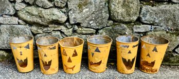 Set Of 6 Vintage Halloween Jack-O-Lantern Metal Pots With Cutout Faces