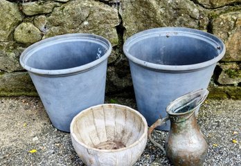 Assorted Vintage Planters And Antique Metal Pub Pitcher With Hallmark Stamp