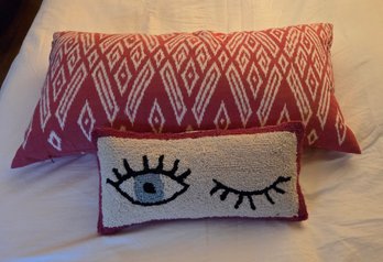 2 Accent Pillows - Red/white Batik Print, Winking Eye Boucle Needlepoint