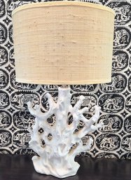 Figural Ocean Coral Ceramic Lamp With Raw Natural Silk Drum Shade- Composite Material