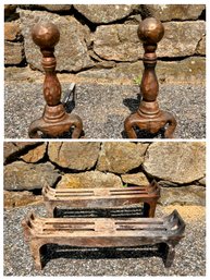 Antique Ball / Footed Andirons With Hammered Copper Finish And Foundry Cast Iron Log Holders