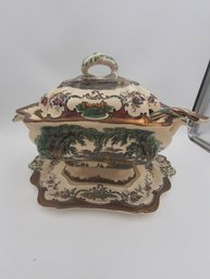 Antique 19th Century LEEDS By MASON Ironstone Soup Tureen With Ladle And Underplate