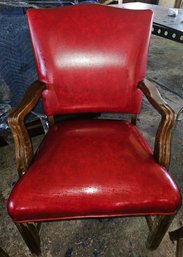 (4) Walnut Maroon Vinyl Armchairs Set 2