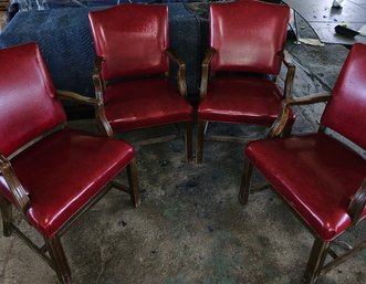 (4) Walnut Maroon Vinyl Armchairs Set 3