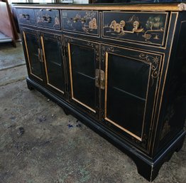 Glass & Brass Oriental Painted Credenza