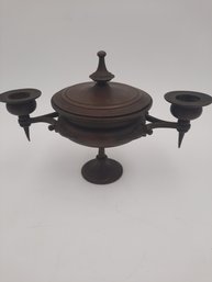 Antique Bronze Double Candle Stick Covered Bowl