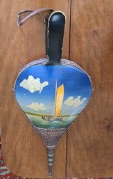 1900s Antique Leather Wrapped Fireplace Bellows With Hand Painted Folk Art Seascape Scene