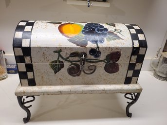 Large Hand Painted Wood Decorative Storage Box On Wrought Metal Legs