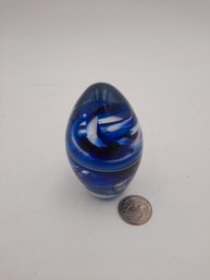 Vintage Art Glass Blue Swirl Egg Paperweight