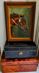 Antique Metal Bankers Box, Thuya Burlwood Chest & Vintage Race Horse Portrait