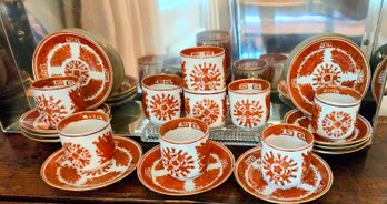 Fabulous Imported Japanese Porcelain Tea Set With Hand Decorated Bohemian Sundial Pattern And Gold Edge