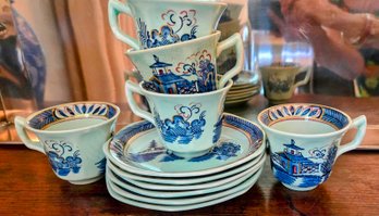 Vintage Adams Tunstall England Calyx Ware Tea Cups & Saucers - Pale Green With Blue Pagoda Pattern