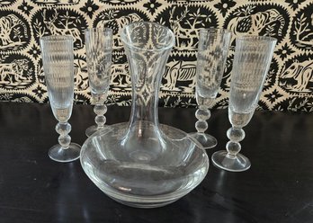 Gorgeous Mid Century Blown Glass Wine/port Decanter And Art Deco Inspired Fluted Bubble Stemware