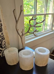 Mounted Brass Tree Branch Sculpture And Rustic Bark Textured Candle Trio