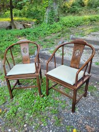 Henredon Pan Asian Oak Dining Room Chair Pair. Barrel Back And Cane Seats With Pads.