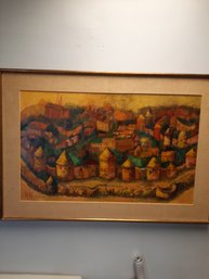 Large Vintage Mid Century Modern A. HARISS Oil On Canvas Painting Of An Old-time Village- NO SHIPPING